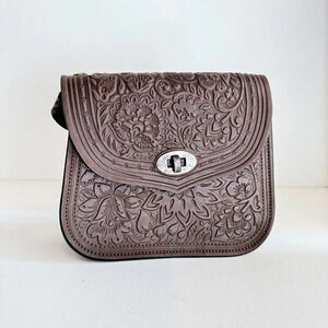 Vintage Hand Tooled Dark Brown Small Oval Crossbody  Bag